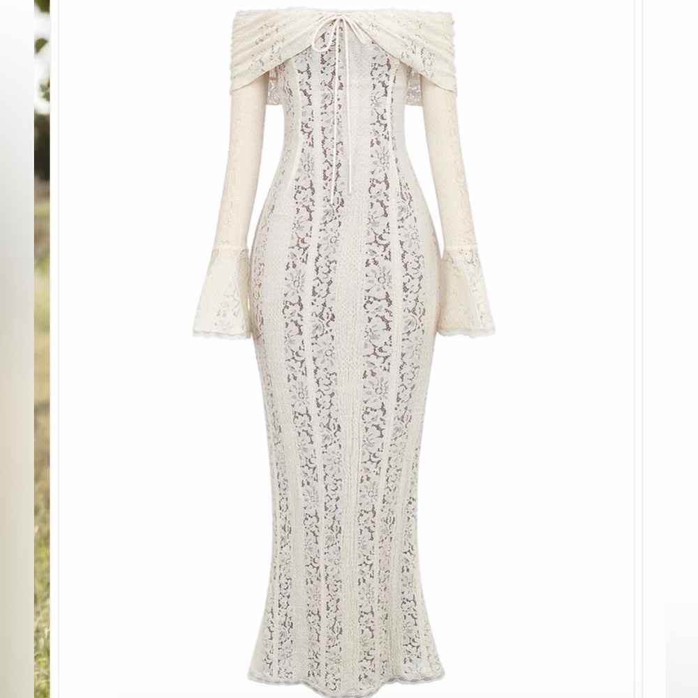 Off-Shoulder Ivory Lace Long Sleeve Maxi Dress